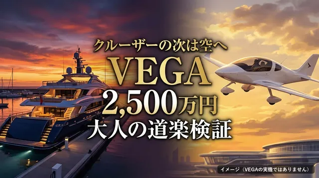 VEGA クルーザー｜クルーザーと小型機と「クルーザーの次は空へ VEGA 2,500万円」の文字