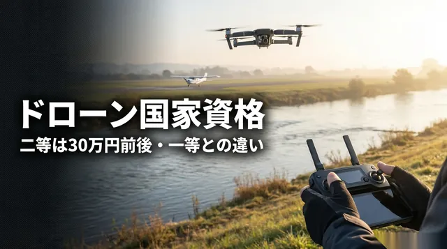 ドローン国家資格 費用｜川辺でドローンを操作する手と「ドローン国家資格 二等は30万円前後」の文字
