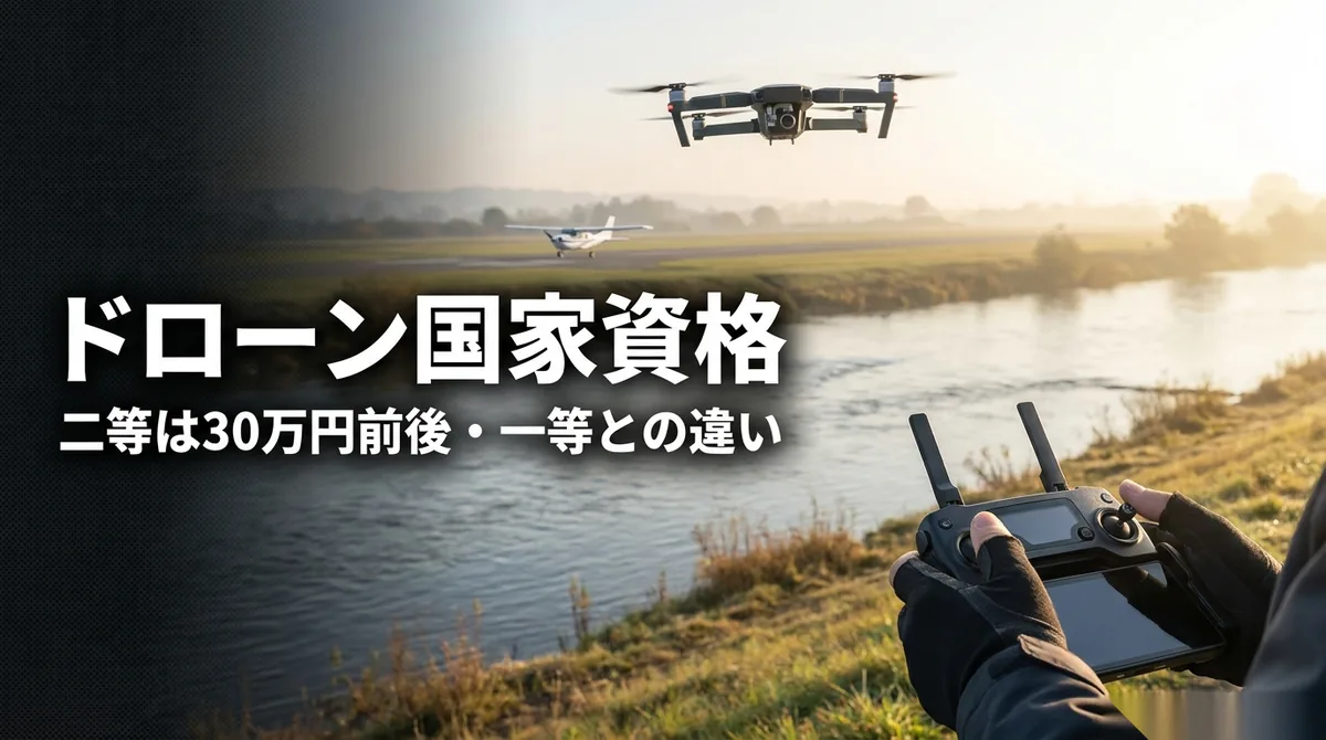 ドローン国家資格 費用｜川辺でドローンを操作する手と「ドローン国家資格 二等は30万円前後」の文字
