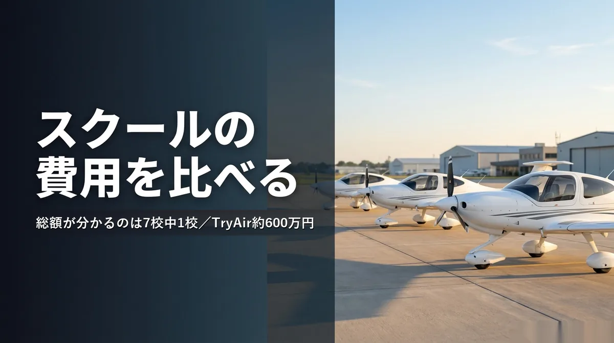 自家用操縦士 スクール|飛行場に並ぶ訓練用の小型機と「スクールの費用を比べる」の文字
