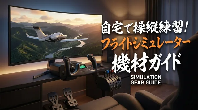 フライトシミュレーター コントローラー｜画面の前のジョイスティックとスロットルと「フライトシミュレーター機材ガイド」の文字