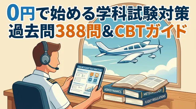 自家用操縦士 学科試験|タブレットで過去問を解く操縦士の絵と「0円で始める学科試験対策」の文字