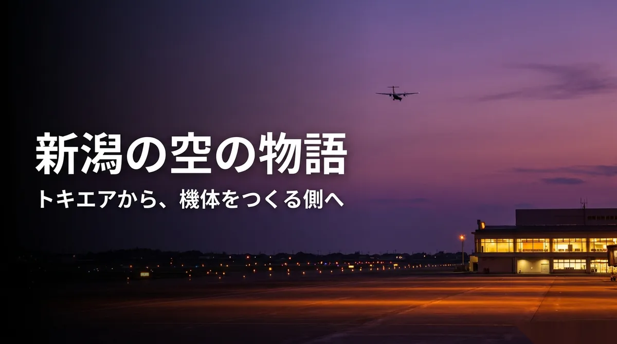 堀江貴文 和田直希 トキエア｜夕暮れの空港と空を飛ぶ旅客機と「新潟の空の物語」の文字