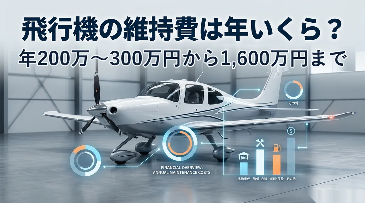 飛行機 維持費｜格納庫の小型機と費目のグラフと「飛行機の維持費は年いくら？」の文字