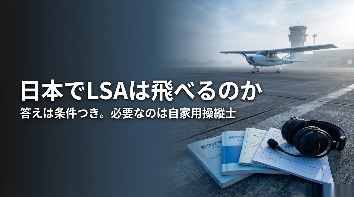 LSA 日本｜滑走路と操縦の教本とヘッドセットと「日本でLSAは飛べるのか」の文字
