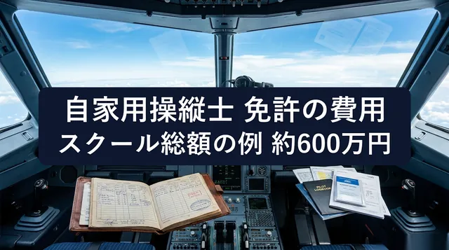 自家用操縦士 費用｜操縦席から見た空と飛行記録の手帳と「自家用操縦士 免許の費用 スクール総額の例 約600万円」の文字