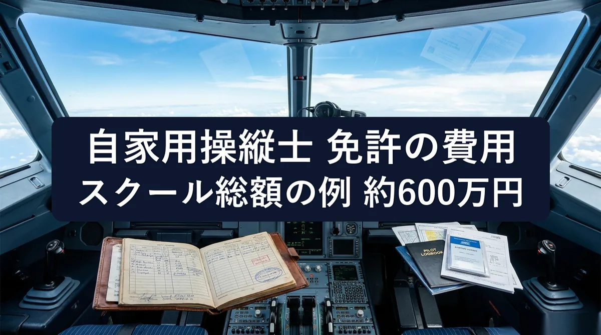 自家用操縦士 費用|操縦席から見た空と飛行記録の手帳と「自家用操縦士 免許の費用 スクール総額の例 約600万円」の文字