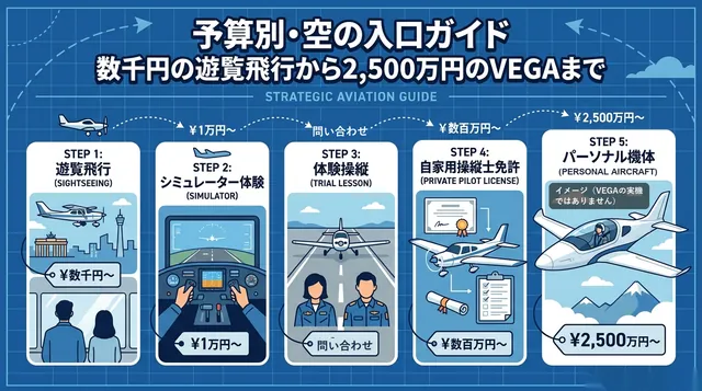 遊覧飛行 料金｜遊覧飛行からVEGAまで5段の階段の図と「予算別・空の入口ガイド」の文字