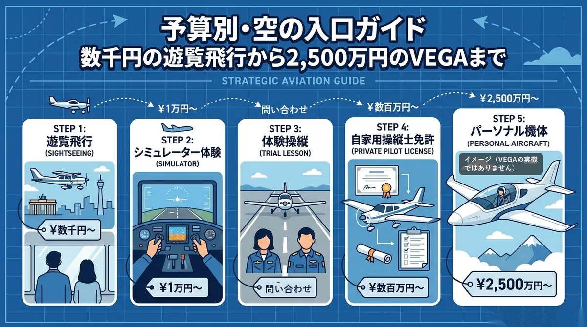 遊覧飛行 料金｜遊覧飛行からVEGAまで5段の階段の図と「予算別・空の入口ガイド」の文字
