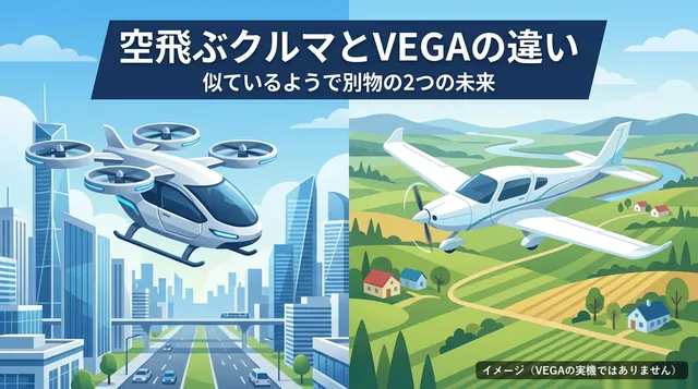 空飛ぶクルマ VEGA 違い|空飛ぶクルマと小型機を左右に並べた絵と「空飛ぶクルマとVEGAの違い」の文字