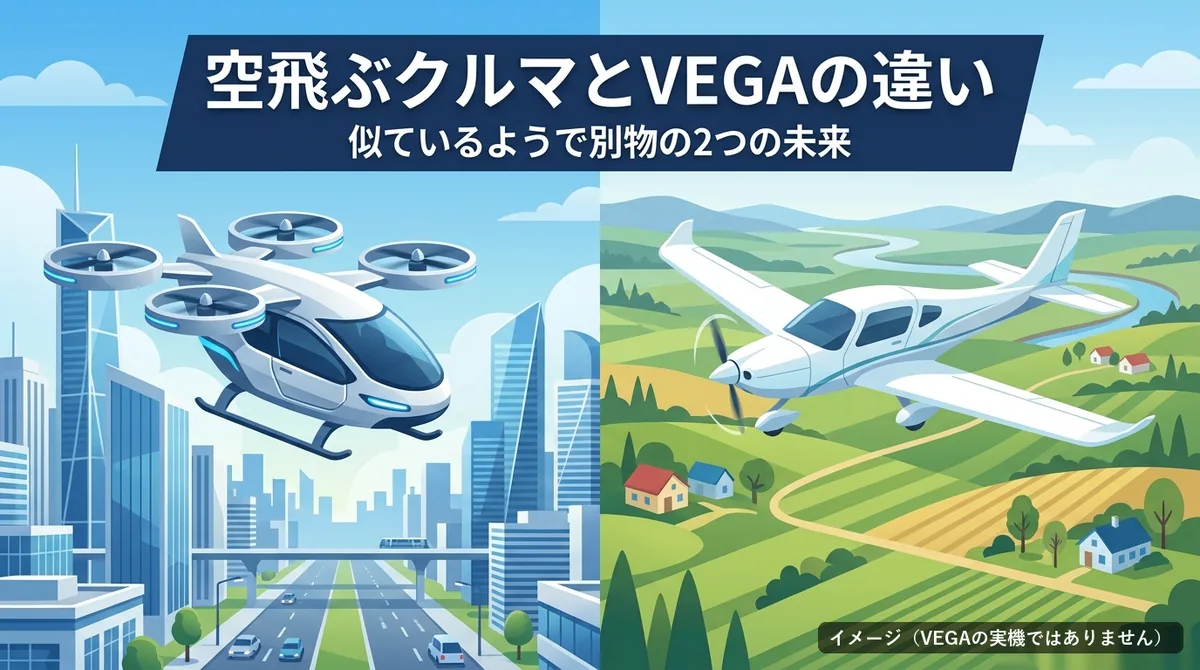 空飛ぶクルマ VEGA 違い｜空飛ぶクルマと小型機を左右に並べた絵と「空飛ぶクルマとVEGAの違い」の文字
