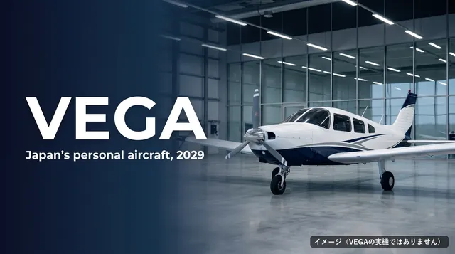 VEGA Japan aircraft｜A small plane in a hangar with the words "VEGA Japan's personal aircraft, 2029" (illustration)