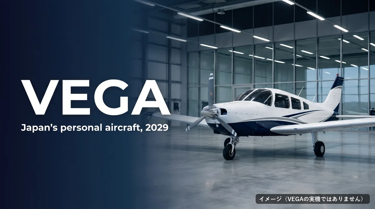 VEGA Japan aircraft｜A small plane in a hangar with the words "VEGA Japan's personal aircraft, 2029" (illustration)