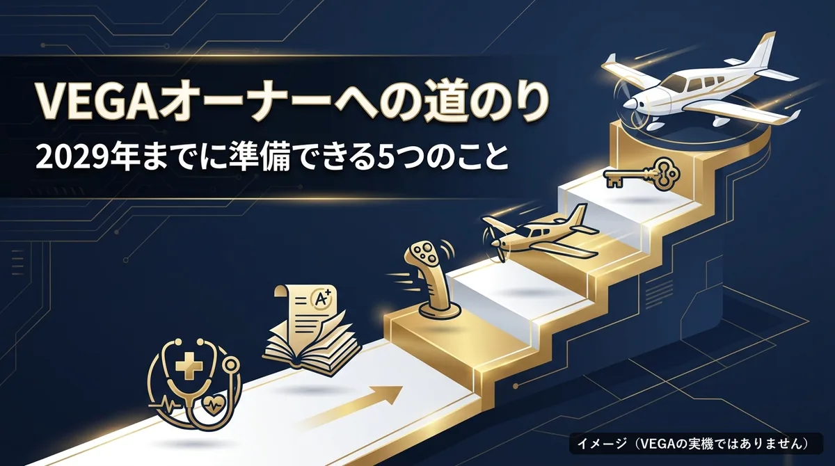 VEGA オーナー｜階段を上る小型機と鍵の絵と「VEGAオーナーへの道のり」の文字