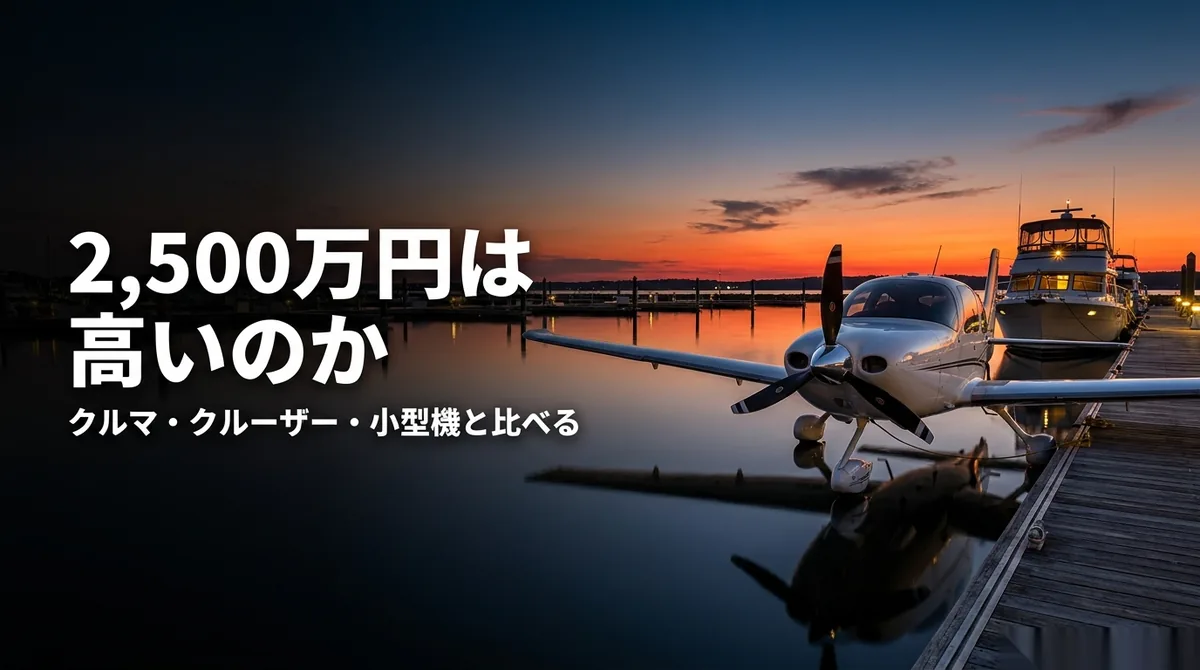VEGA 価格｜夕暮れの桟橋の小型機とボートと「2,500万円は高いのか」の文字