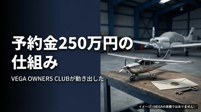 VEGA 予約金|格納庫の机の上の小型機の模型と封筒と「予約金250万円の仕組み」の文字