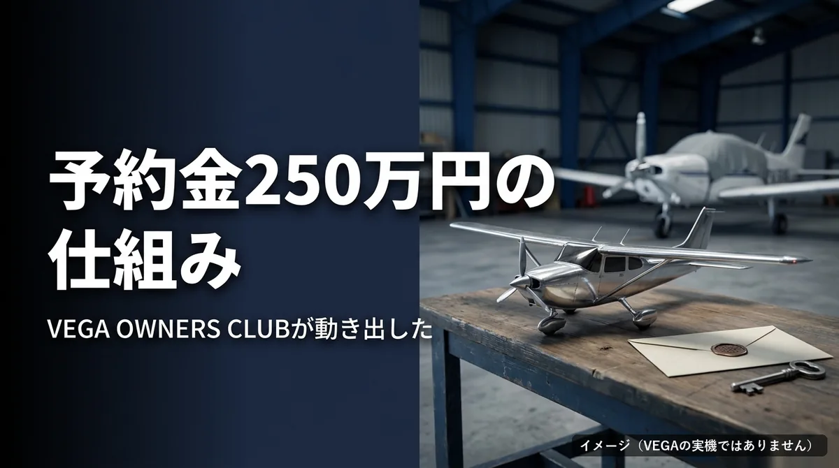 VEGA 予約金｜格納庫の机の上の小型機の模型と封筒と「予約金250万円の仕組み」の文字