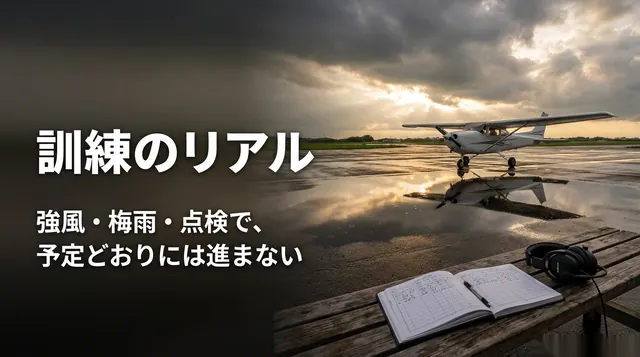 自家用操縦士 訓練|雨上がりの飛行場の小型機と飛行記録と「訓練のリアル」の文字