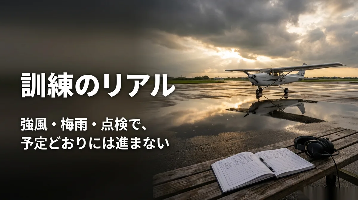 自家用操縦士 訓練｜雨上がりの飛行場の小型機と飛行記録と「訓練のリアル」の文字