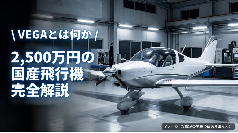 VEGA 飛行機｜格納庫の白い小型機と「VEGAとは何か 2,500万円の国産飛行機」の文字（イメージの絵）