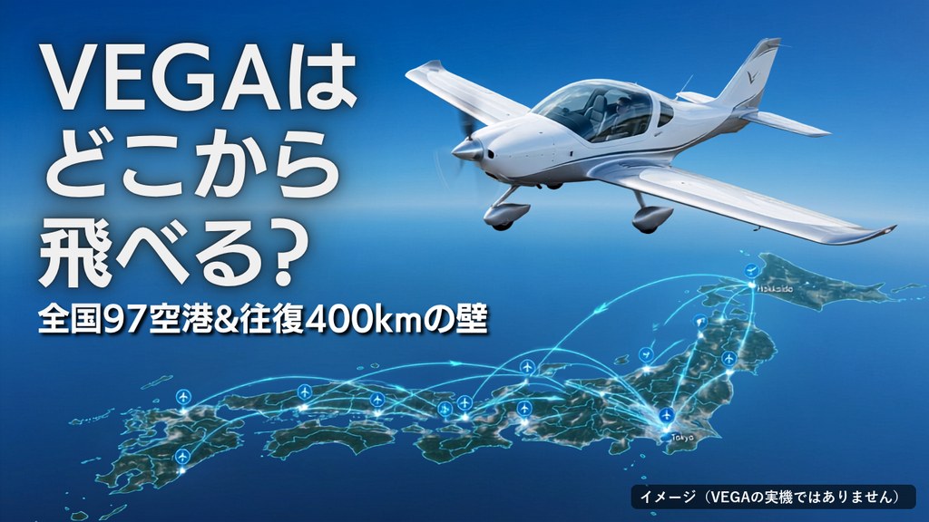 小型機 空港｜日本地図の上を飛ぶ小型機と「VEGAはどこから飛べる？ 全国97空港」の文字